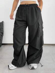 Flirla Plus Size Drawstring Pocket Loose Fit Daily Casual Black Cargo Pants Fall Cloth For Women