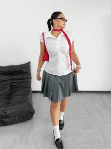POPSWAY Camisa de manga corta de moda para mujeres de talla grande con mangas de bolsa de hombro y parte frontal fruncida