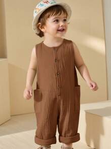 SHEIN Baby Boy Cute Vacation Casual Versatile Brown Jumpsuit Suitable For Beach, Outings Brown Baby Clothes Brown Baby Boy Jumpsuit - Brown - View 1