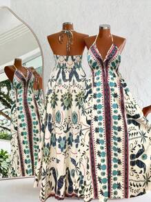 Flirla Váy Maxi Cổ V Sâu Dây Đeo Spaghetti Lãng Mạn Cho Kỳ Nghỉ Bãi Biển - trắng - Xem 2