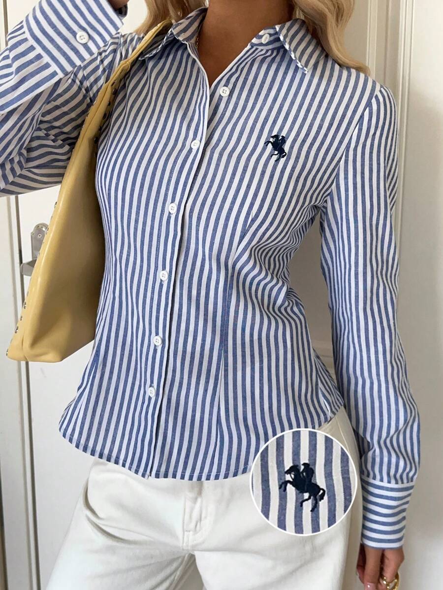 SHEIN EZwear 女式新款刺绣装饰条纹修身长袖衬衫 - 藍白色 - 查看 1