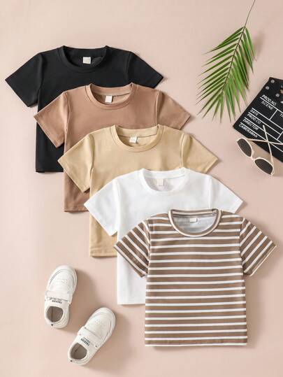 SHEIN 5pcs/Pack Young Boy Solid Color & Striped Print Round Neck Short Sleeve T-Shirt, Summer