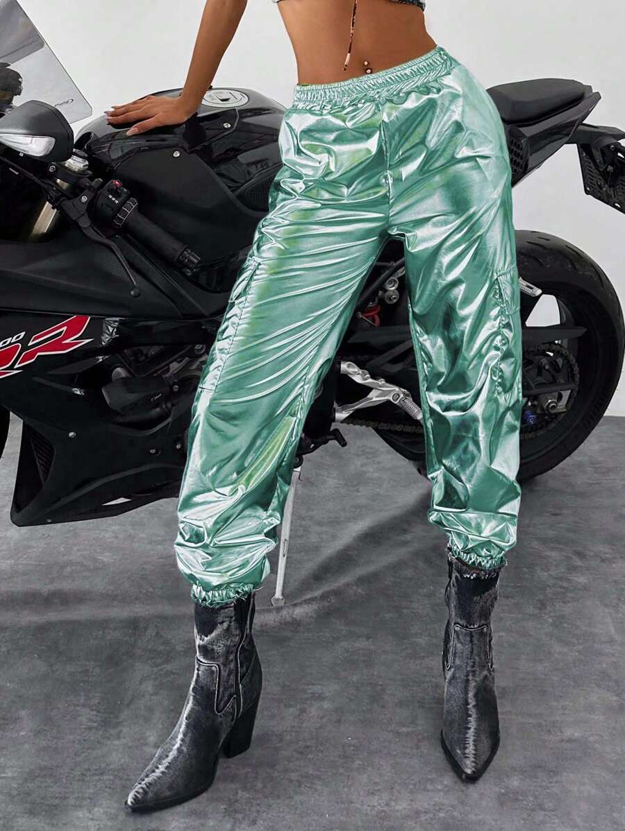 SHEIN Cottnline Women'S Solid Color Metallic Sheen Cargo Pants - Green - View 1
