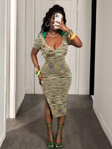 BamGleam Rochie maxi pulover pentru femei, cu guler înalt, Ombre multicolor, rochie tricotată casual geometrică, de lungime medie, mulată - Verde - Vizualizare 1