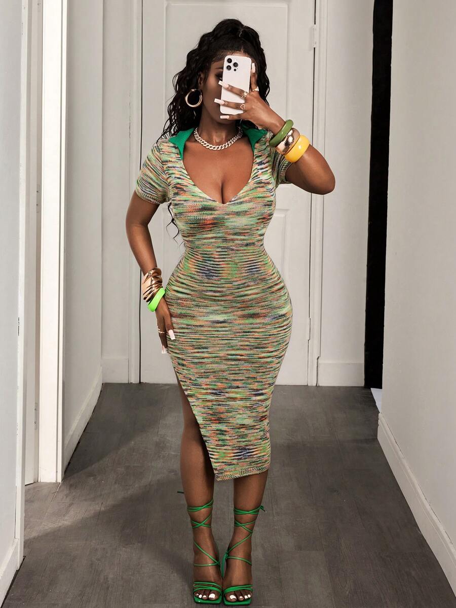 BamGleam Rochie maxi pulover pentru femei, cu guler înalt, Ombre multicolor, rochie tricotată casual geometrică, de lungime medie, mulată - Verde - Vizualizare 1