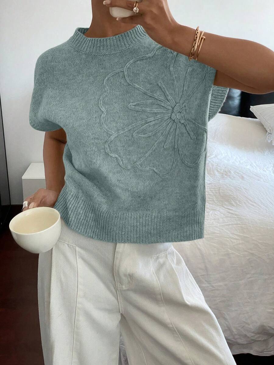 Siren Gaze 女士短袖纯色针织上衣，休闲时尚，适合夏季 - 霧霾藍 - 查看 1