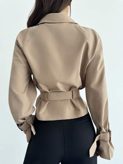 Firerie Women's Elegant Khaki Trench Coat,Autumn Office Business Casual Belted Jacket,Old Money Style V-Neck Waist Suit Linen Blend Long Sleeve Cropped Blazer