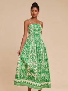 Travachic 女士热带植物印花细肩带A字连衣裙，适合度假