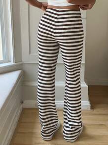 SHEIN EZwear 黑白条纹休闲喇叭裤，夏季 - 棕色 - 查看 2