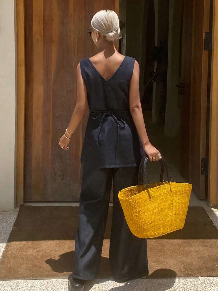 Women's Western Cowgirl V-Neck Sleeveless Belted Crop Top And Wide Leg Pants Casual Summer Suit Vacation