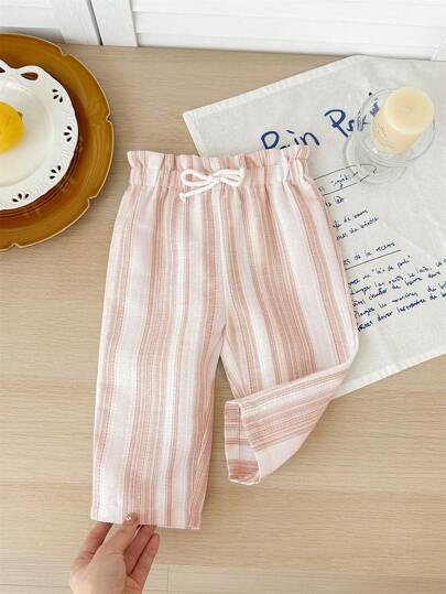 SHEIN Baby Girl Cute Summer Casual Versatile Striped Elastic Waist Pants Fall Winter