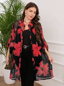 Reflora 大码女式花卉印花荷叶边袖长衬衫，休闲/度假风格