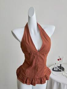 SHEIN Unity 女士休闲纯色露背交叉吊带背心 - 咖啡棕 - 查看 1