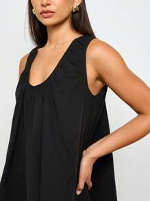 AiiRZ 迷你连衣裙 A 字形宽松秋千夏季太阳裙无袖圆领褶皱飘逸娃娃裙婚礼宾客度假派对