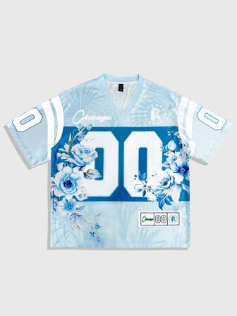 Street Life Top casual pour hommes à col V, manches courtes, imprimé floral et chiffres