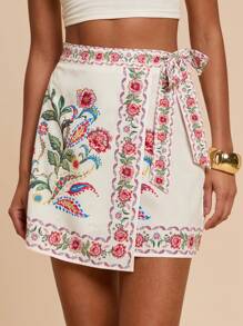 Travachic Váy buộc vạt in họa tiết cây nhiệt đới cho nữ, thích hợp cho đi chơi và đi nghỉ - trắng - Xem 4