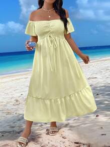 SHEIN Clasi Plus Size Solid Color Off The Shoulder Fashionable Summer Dress - Yellow - View 7