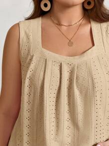 SHEIN LUNE Plus Size Women Casual Vacation Embroidered Floral Loose Fit Sleeveless Top - Khaki - View 6