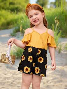 SHEIN Young Girl Solid Color Open Shoulder Patchwork Sunflower Print Romper