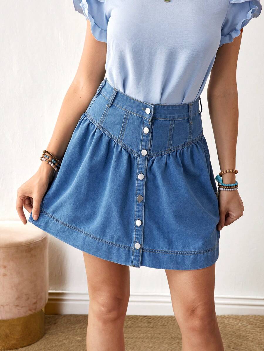 SHEIN LUNE Women's Casual Button Up Denim Mini Skirt - Medium Wash - View 1