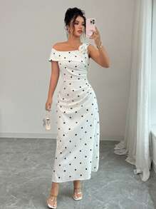 SHEIN PETITE Polka Dot Pleated Floral Decor Elegant Mid-Length Dress For Women - White - View 6