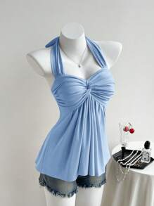 Comfortcana Áo hở lưng màu xanh nhạt đơn giản không tay cổ yếm cho nữ mùa hè - Màu xanh nhạt - Xem 3