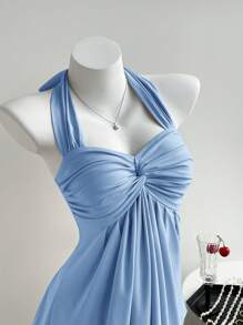 Comfortcana Áo hở lưng màu xanh nhạt đơn giản không tay cổ yếm cho nữ mùa hè - Màu xanh nhạt - Xem 5