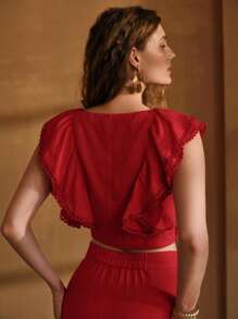 MOTF PREMIUM 亚麻对比蕾丝衬衫 - 紅色 - 查看 3