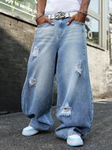 Manfinity EMRG 男式休闲破洞宽松口袋牛仔裤 - 中等水洗藍 - 查看 6