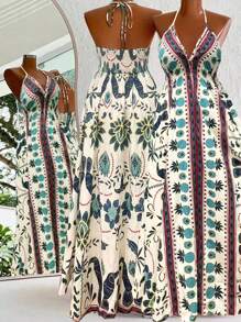 Flirla Váy Maxi Cổ V Sâu Dây Đeo Spaghetti Lãng Mạn Cho Kỳ Nghỉ Bãi Biển - trắng - Xem 1