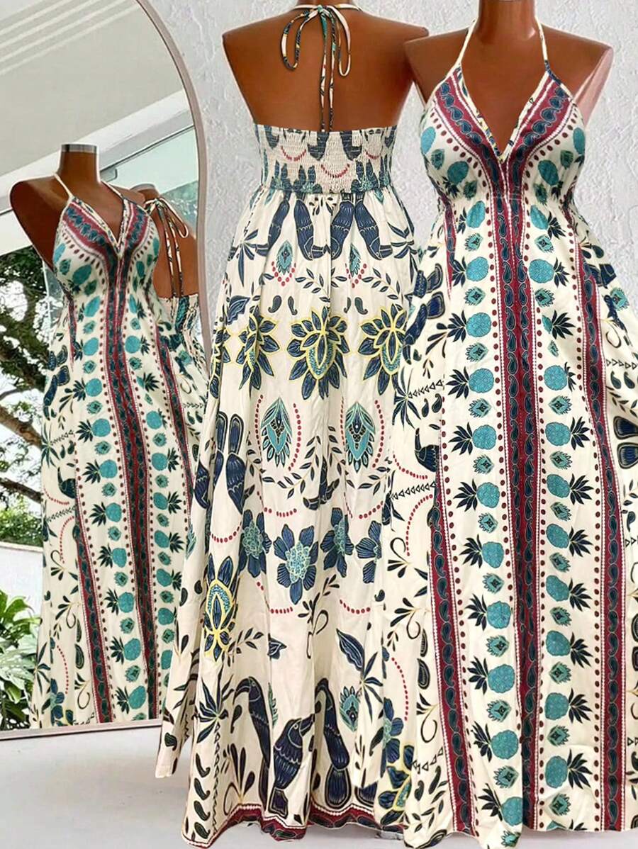 Flirla Váy Maxi Cổ V Sâu Dây Đeo Spaghetti Lãng Mạn Cho Kỳ Nghỉ Bãi Biển - trắng - Xem 1