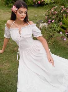 Modelyn Women's Solid Color Off-Shoulder Flounce Hem Short Sleeve Elegant Dress - White - View 7