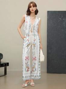 EMERY ROSE 2pcs Women Casual Floral Print Tied Front Sleeveless Shirt And Pants Set - Multicolor - View 1