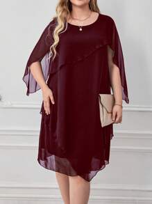 Flouryn Plus Size Women's Chiffon Straight Tube Dress, For Christmas Burgundy Color Women Outfit