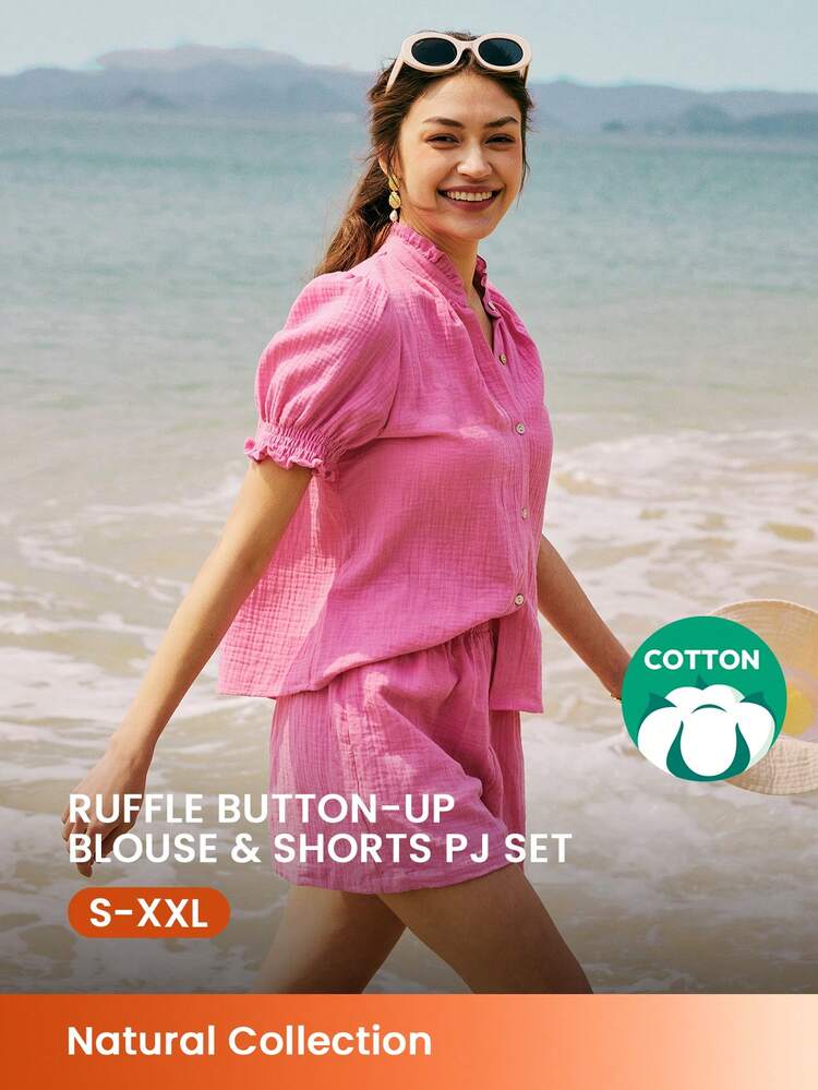 アイランドスタイル ソフト通気性 100%コットン プリーツ しわ加工 ピンク 半袖ボタンアップトップ&ショーツ ルームウェア エアリー パジャマセット ファッションカジュアル快適アウトフィット ポケット付きパンツ インナーウェアとしてのアウターウェア&パジャマドレッシングボクサーセット、春夏