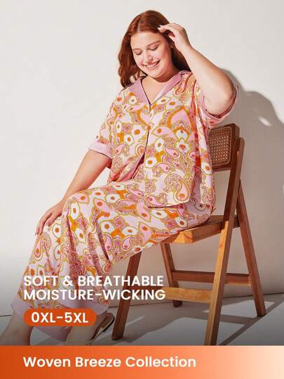 LUVLETTE Plus Soft Rayon With Satin Pink Romantic Paisley Vacation Patterned Short-Sleeve Basic Button-Up Top & Pants Loungewear Airy Pajama Set Pants With Pockets Bridal Intimates