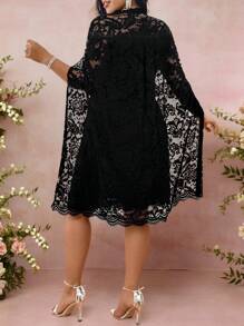 Allurite Women's Plus Size Round Neck Slit Long Sleeve Cape Loose Fit Lace Dress Summer Women Outfit Spring Dress Elegant Lace Dress Wedding Women Dress Romantic Dress Wedding Guest Business Casual Dress