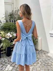 SHEIN LUNE Lässiges Damen Minikleid mit Schleifendekor und Perlen-Kette - Blau - Übersicht 7