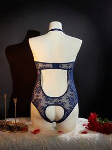 SpicyHot 加大码性感蕾丝拼布镂空内衣套装，带钢骨紧身胸衣，展现曲线 - 寶藍色 - 查看 2