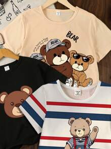 3 Pcs Young Boys Summer Casual Cute Fashionable Striped & Cartoon Bear Graphic Print Crew Neck Short Sleeve T-Shirts