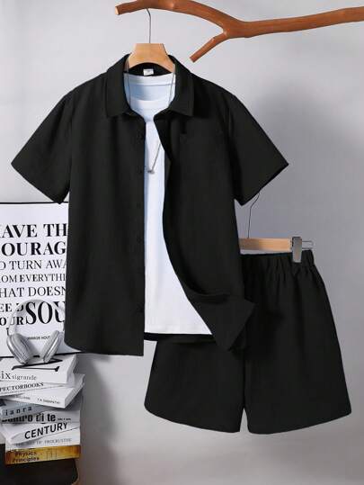 SHEIN 2 delar set med kortärmad skjorta och shorts för tonårspojkar, avslappnad och mångsidig