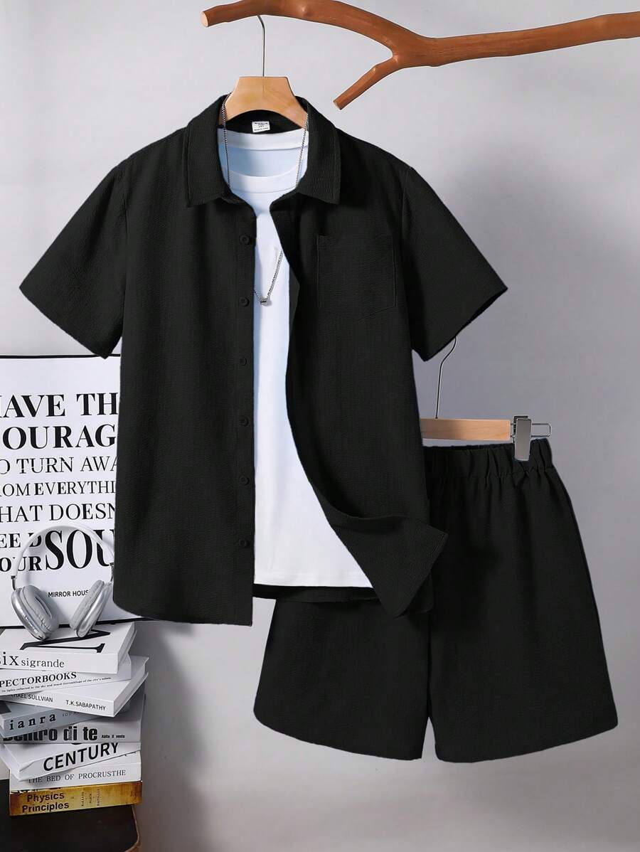 SHEIN 2件青少年男孩休闲百搭纹理短袖衬衫和短裤套装 - 黑色 - 查看 1