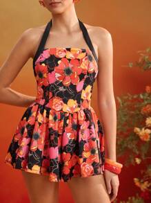 The Perfect Party Frida Kahlo X SHEIN X Designer Macaquinho Curto com Estampa Floral, Alça Halter e Amarração no Pescoço, Para Mulheres, Férias de Verão, Praia - Multicolorido - Visão 3