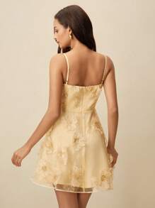 Anewsta 优雅白色欧根纱花卉装饰 A 字型伴娘鸡尾酒礼服，束腰修身短裙，适合夏季、假日、休闲、节日、度假 - 黃色 - 查看 7