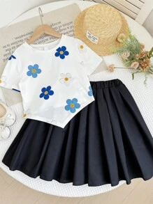 SHEIN LMoss Kids 2件套少女印花针织T恤和迷你裙套装 - 彩色 - 查看 5