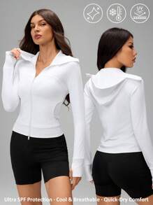 SHEIN Tall Women Solid Color Zip-Up Hooded Slim Fit Breathable Casual Long Sleeve Outdoor Sunscreen Hooded Jacket Sun Uv Protection Jacket,For Daily Wear - White - View 11