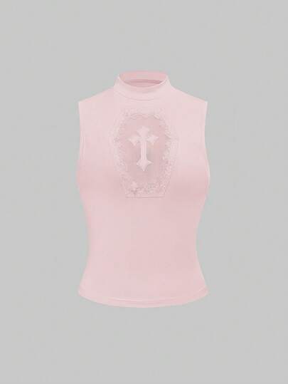 J-Fashion Chaleco de mujer con cuello de pie, bordado con calado en forma de cruz