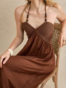 Écloséra Elegant French Retro Halter Neck Wear Rope Beads Knitted Splicing Woven Slim Fit Rust Brown Spring And Summer Ladies Summer Dress