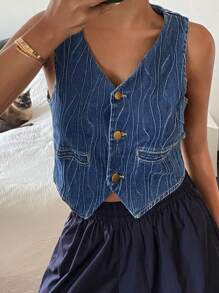 DAZY 女士休闲 V 领几何条纹开衫，度假风格夏季牛仔上衣 - 中等水洗藍 - 查看 2