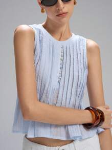 LYSMO Nuevo Llegado 2025 Mujer Blusa sin mangas de lino con volante en la cintura, Estilo casual simple, Vacaciones - Azul - Ver 4